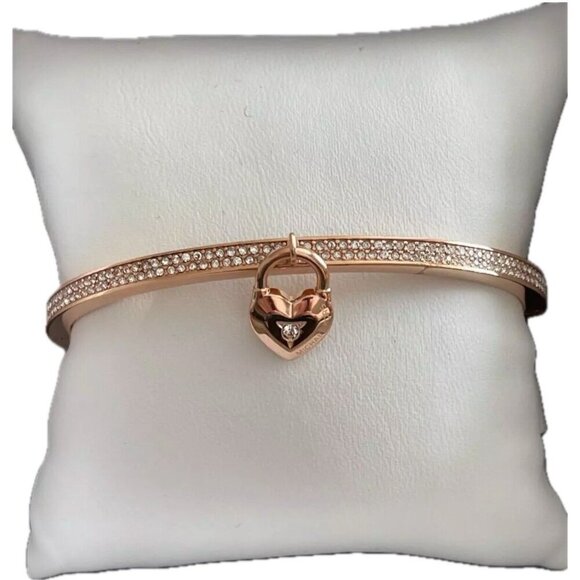 Michael Kors Logo Heart Crystal Charm Rose-Gold Stainless Steel Hinge Bracelet - Picture 3 of 7